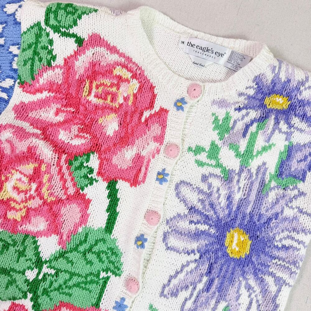 Vintage 90s The Eagle's Eye Hand Knit Floral Burpee Cardigan Sweater Women's Med